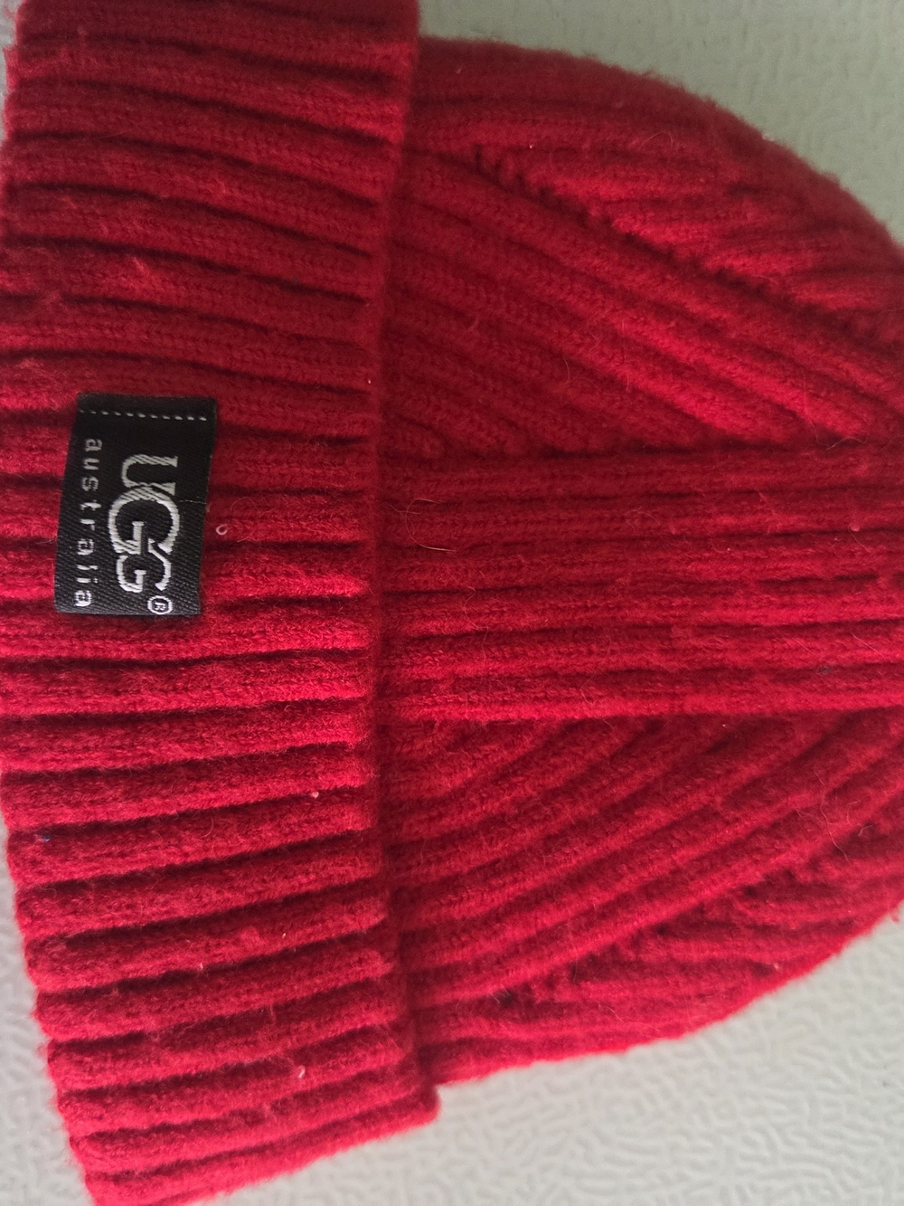 UGG Kids Red Ribbed Beanie Hat and swaddle wrap two pieces total